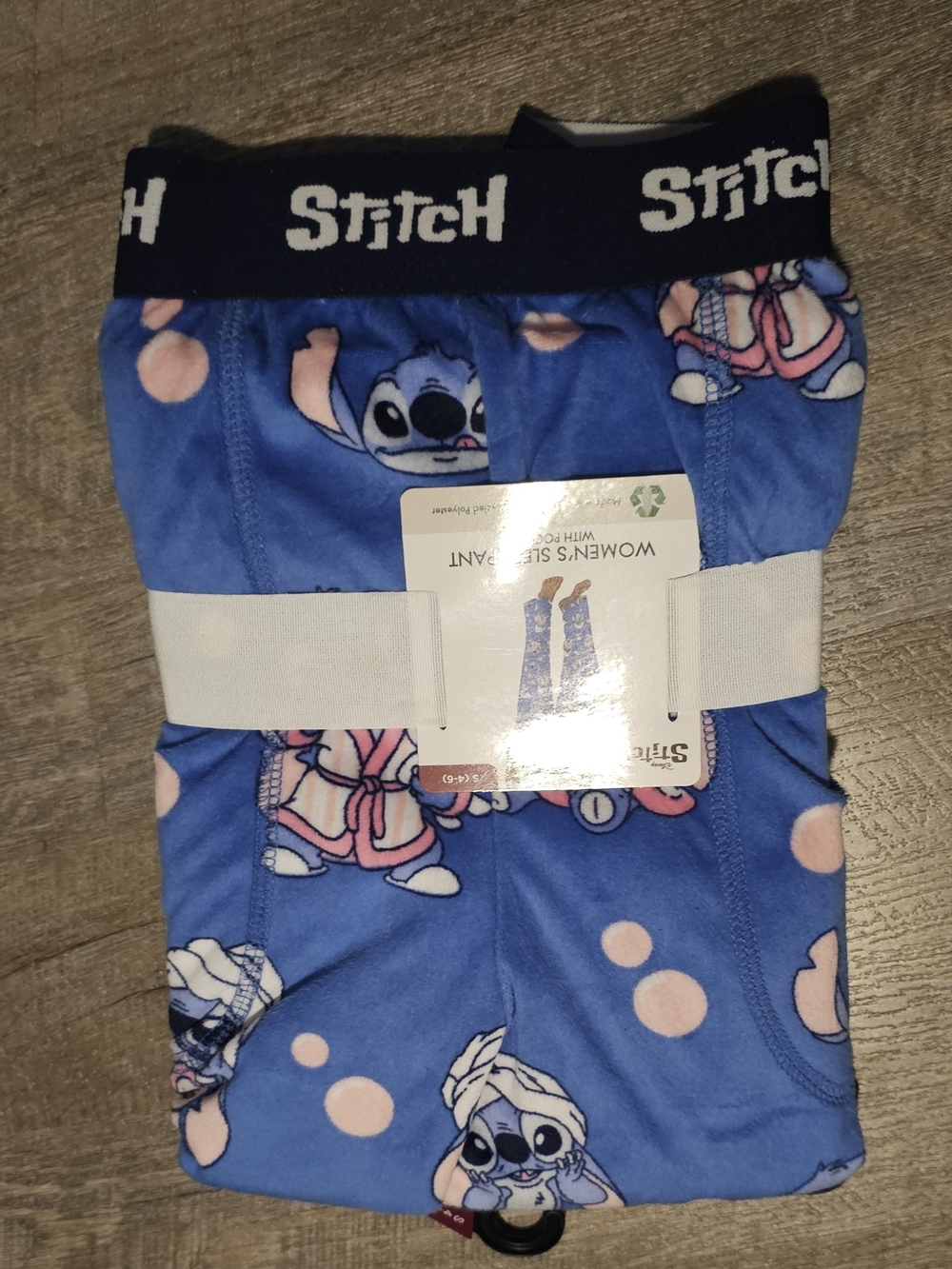 Disney Women's Blue Stitch Fleece Sleep Pants with Pink Polka Dots - Picture 3 of 3